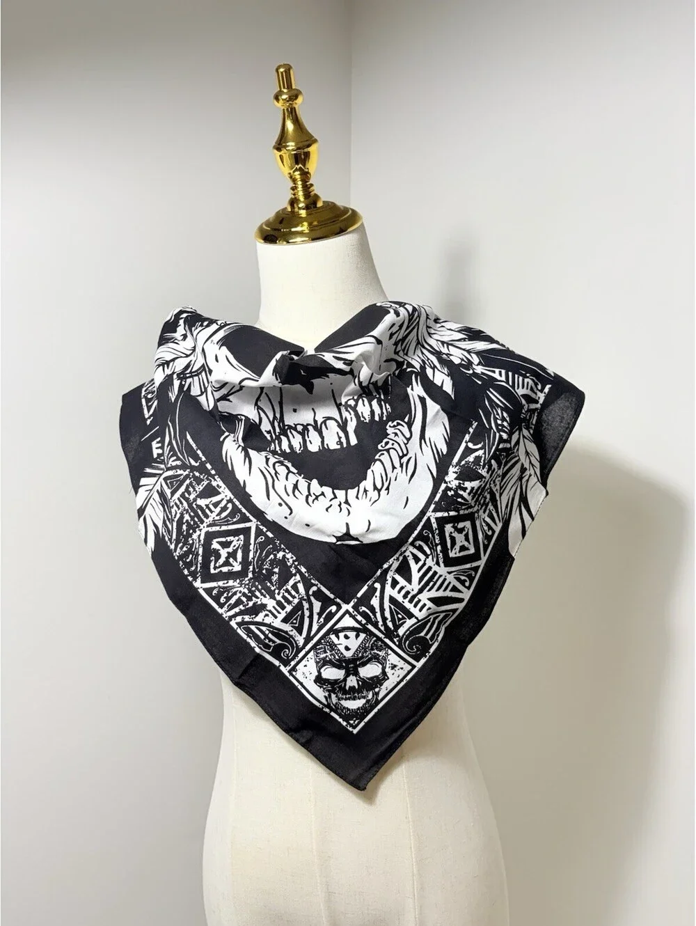 Unisex Square Scarf Black White Cotton Skull Graphic Print Logo